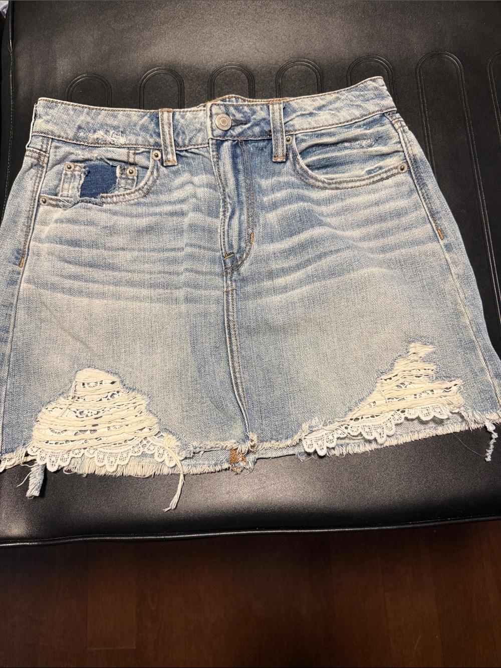 Light Wash Denim Mini Skirt with Lace Trim